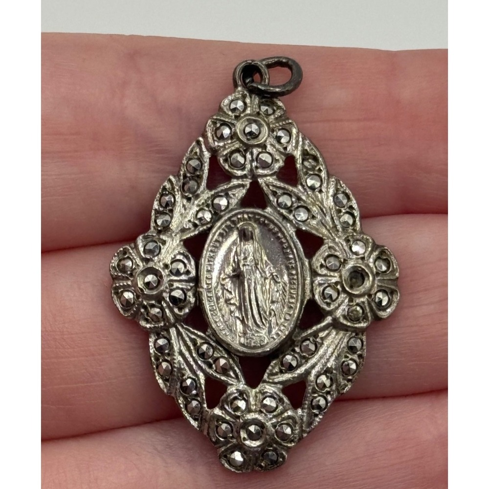 Vintage Miraculous Medal Sterling Silver Flower Marcasite Religious Pendant READ